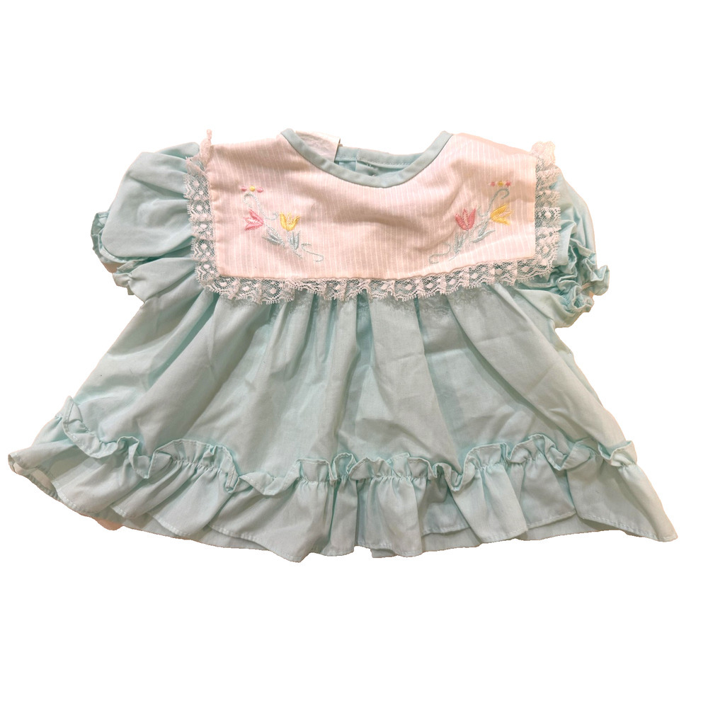 Vintage Cradle‎ Togs Dress Girls SM 6M Blue Floral Lace Ruffle Puff Sleeve 80s